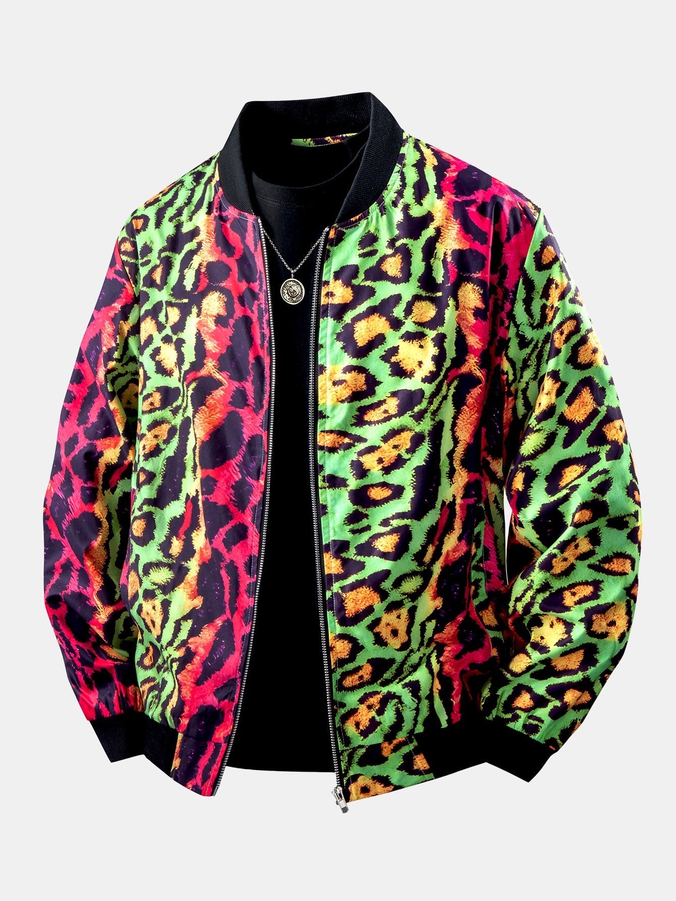 Men’s Pink and Green Leopard Print Bomber Jacket — view 1
