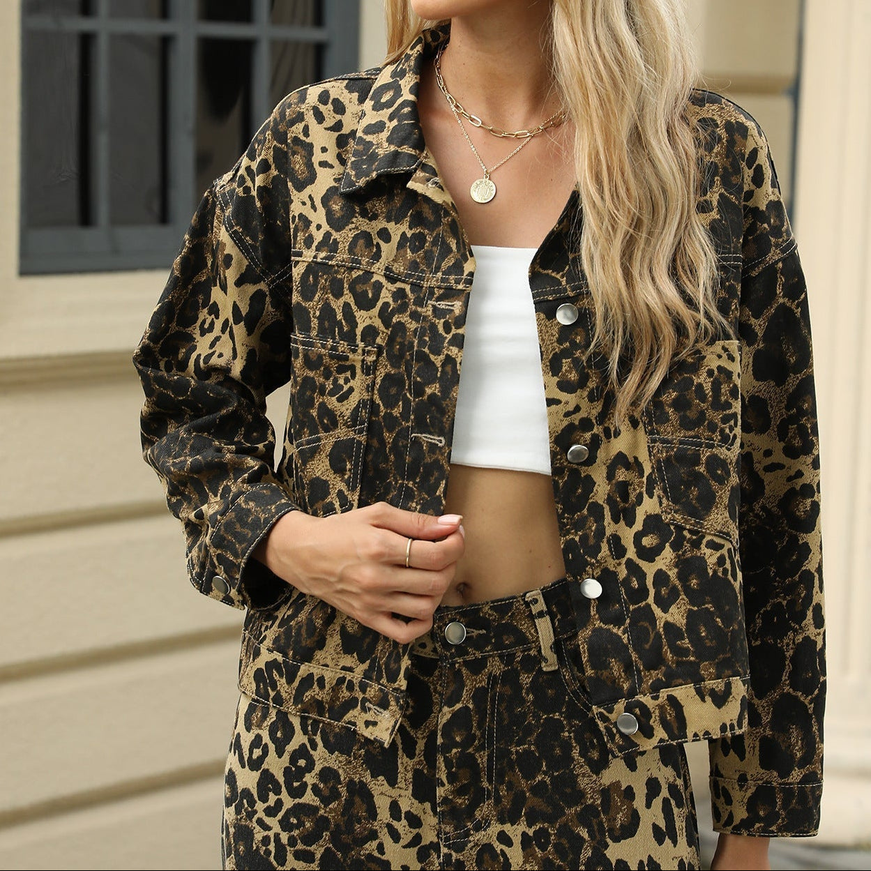 Leopard Print Denim Jacket and Wide-Leg Trousers Set — view 1