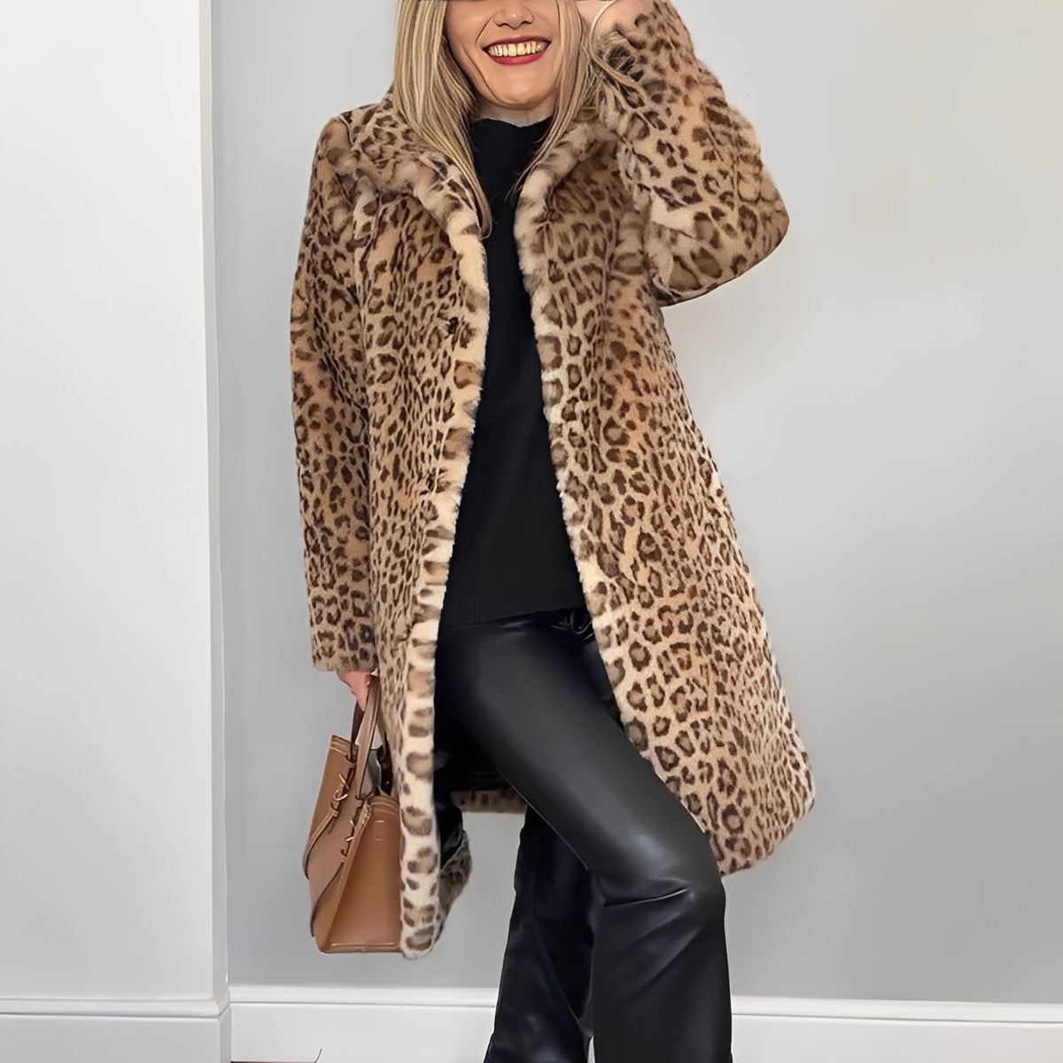 Leopard Print Faux Fur Longline Coat with Oversized Collar — view 5