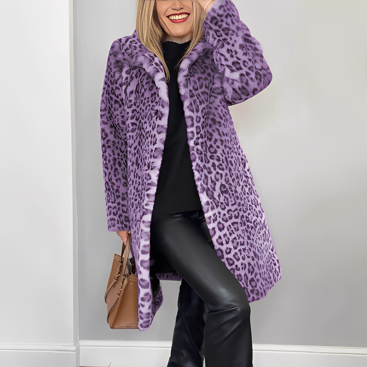 Leopard Print Faux Fur Longline Coat with Oversized Collar — view 6