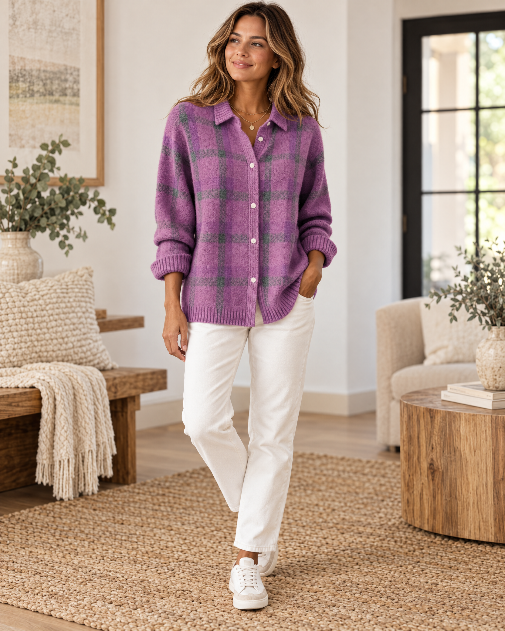 Plaid Polyester Knit Shirt Collar Cardigan