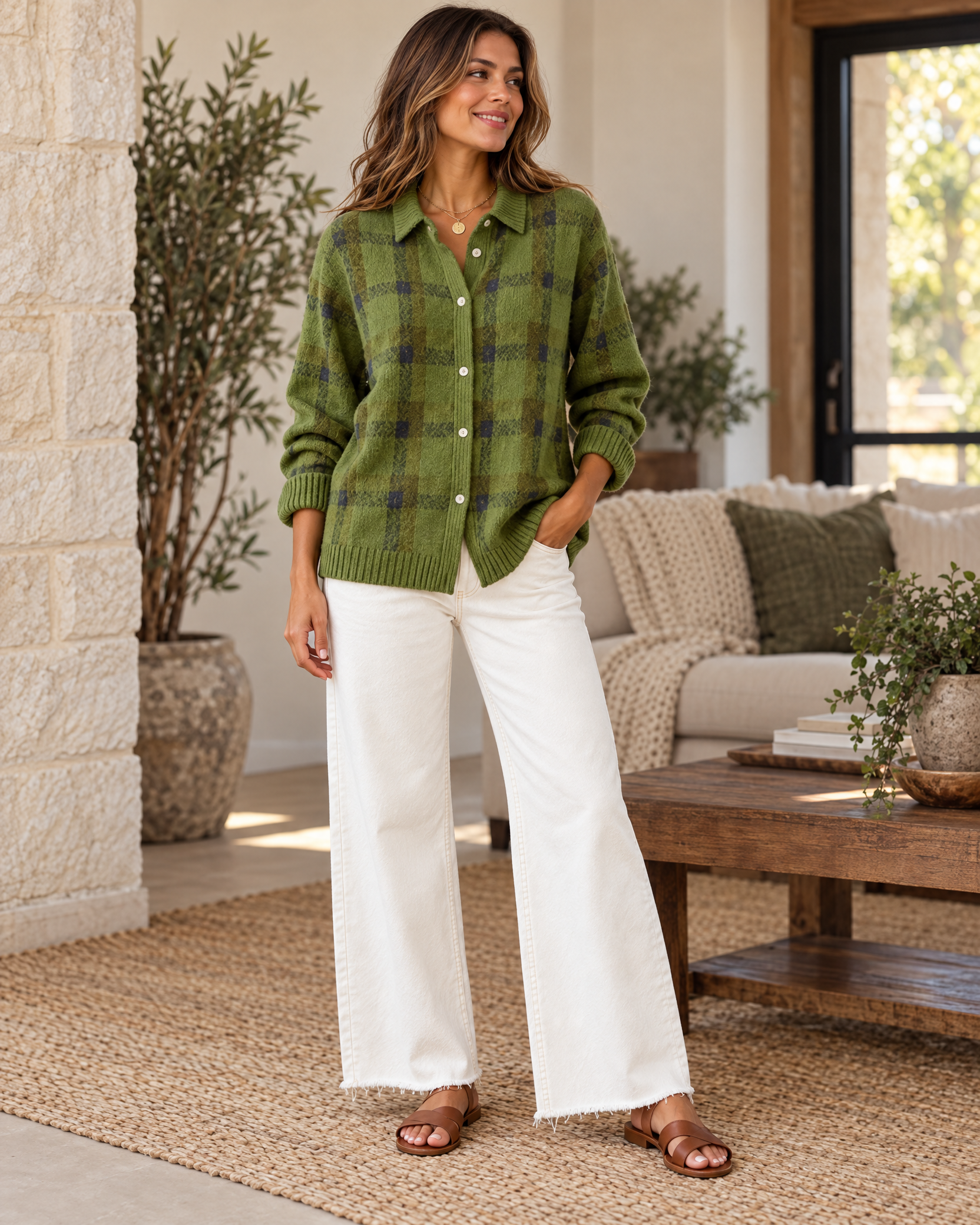 Plaid Polyester Knit Shirt Collar Cardigan