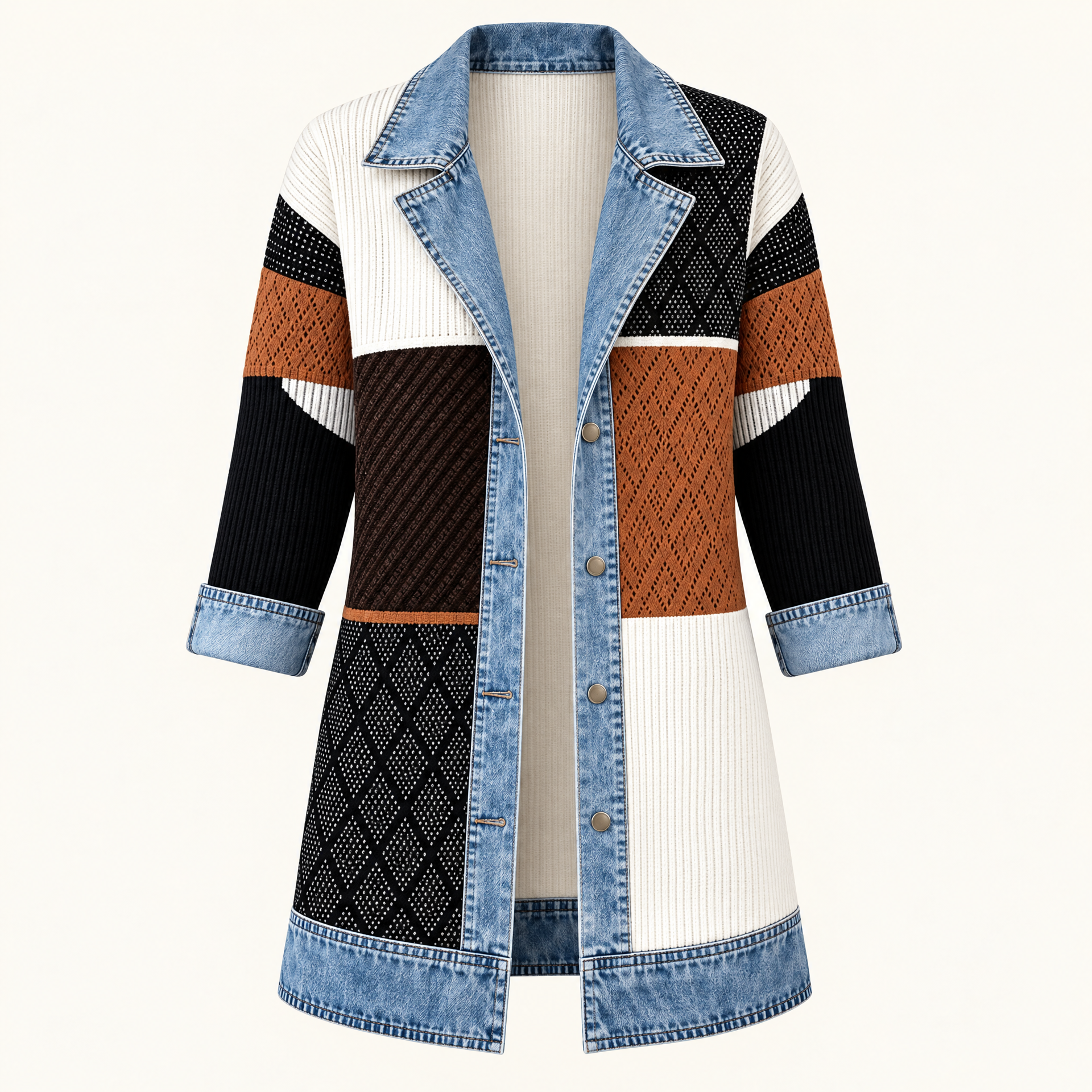Ribbed Knit Longline Coat with Denim Panels