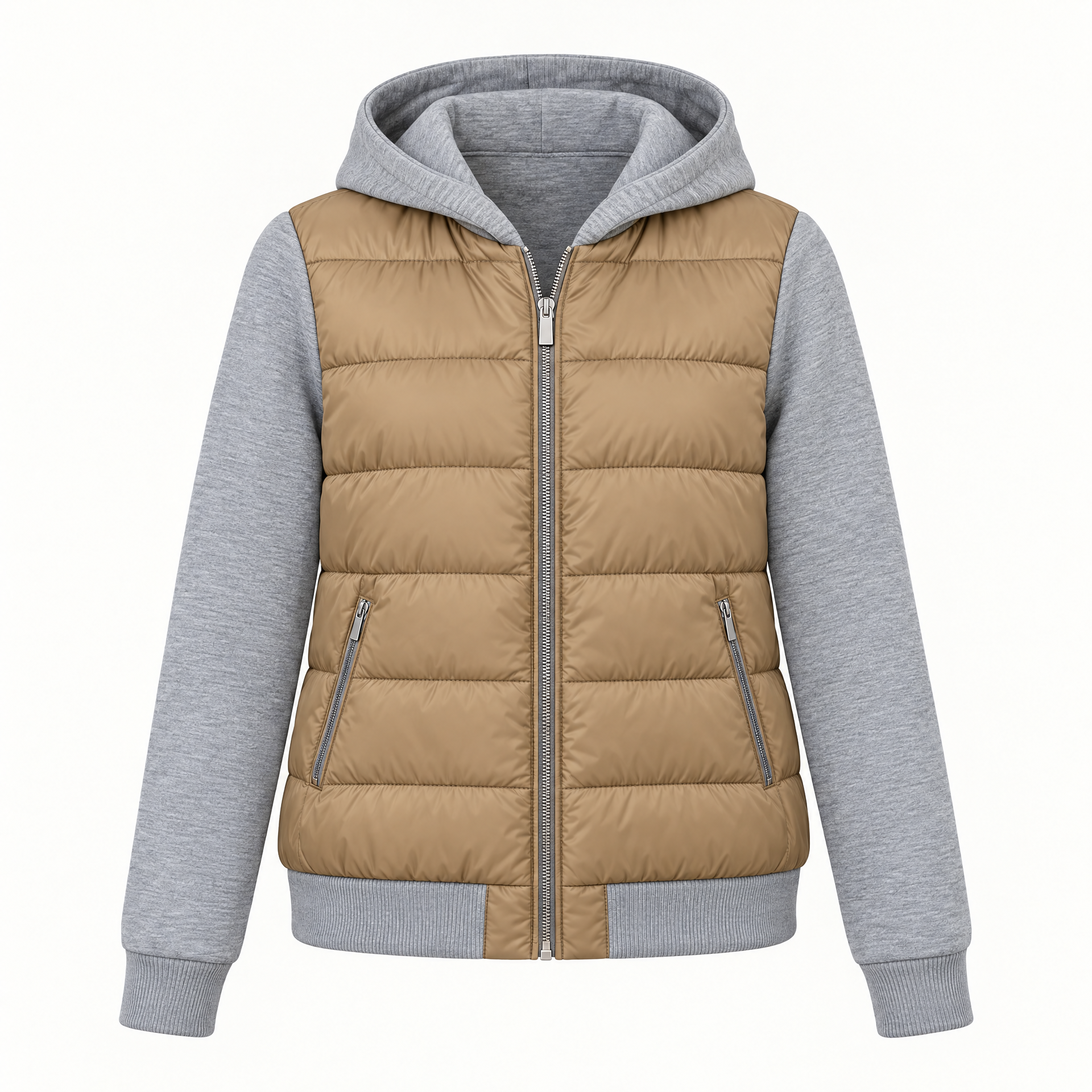 Straight Cut Quilted Puffer Jacket with Ribbed Knit Sleeves and Hood