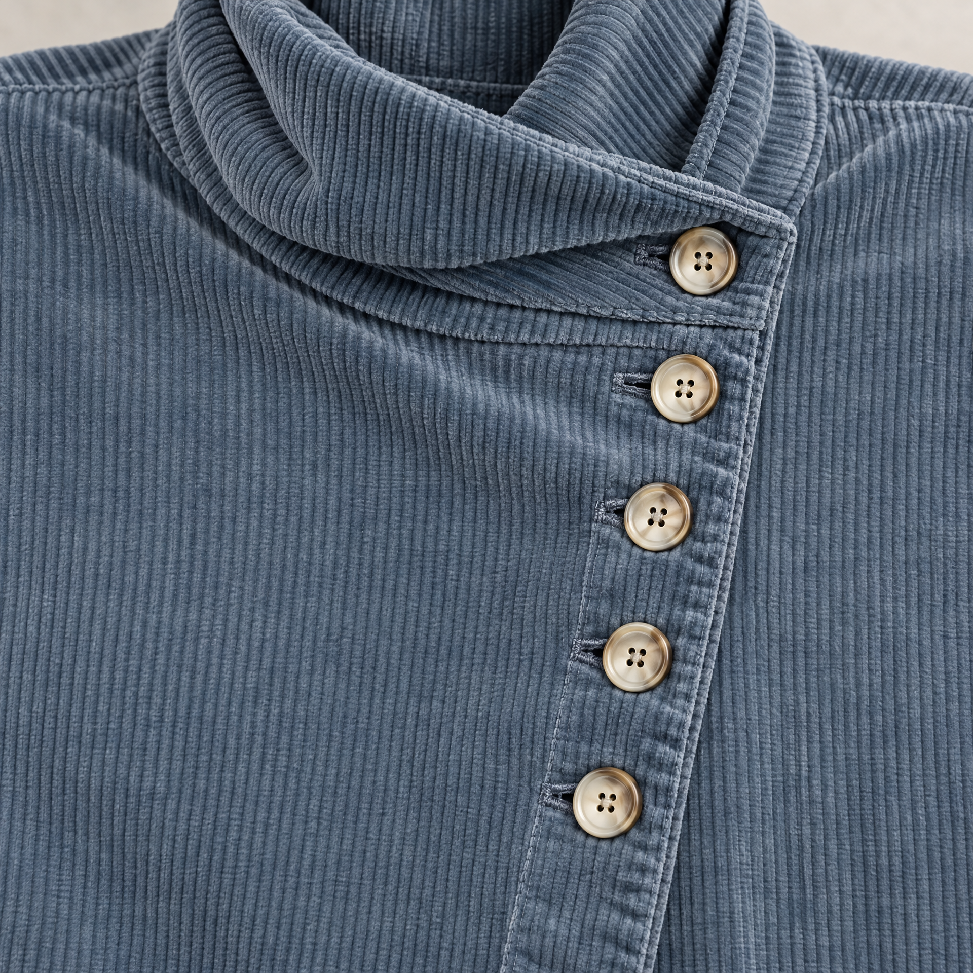 Corduroy Funnel Collar Top with Asymmetric Button Fastening