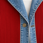 Ribbed Knit Longline Coat with Denim Panels