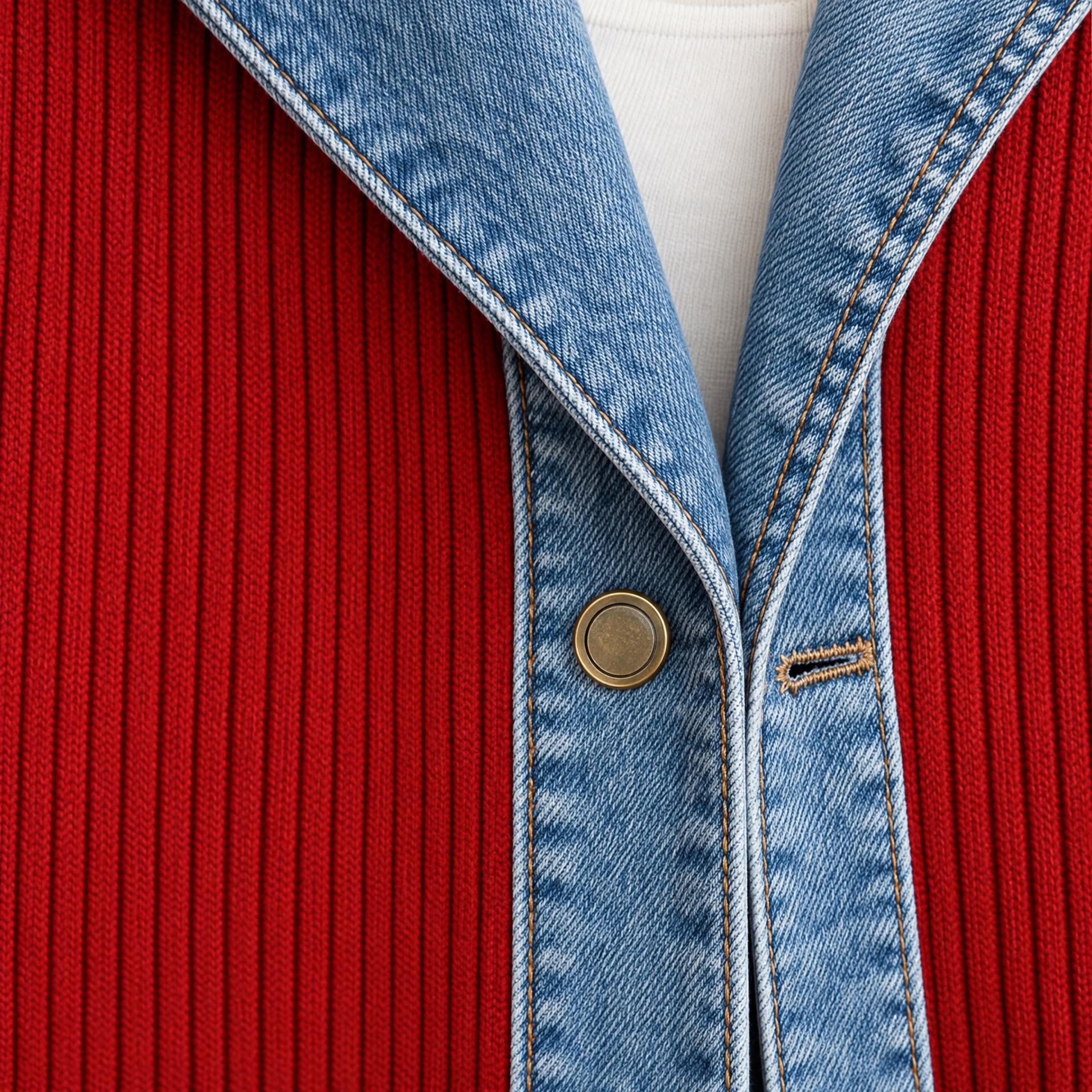Ribbed Knit Longline Coat with Denim Panels