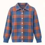 Plaid Polyester Knit Shirt Collar Cardigan