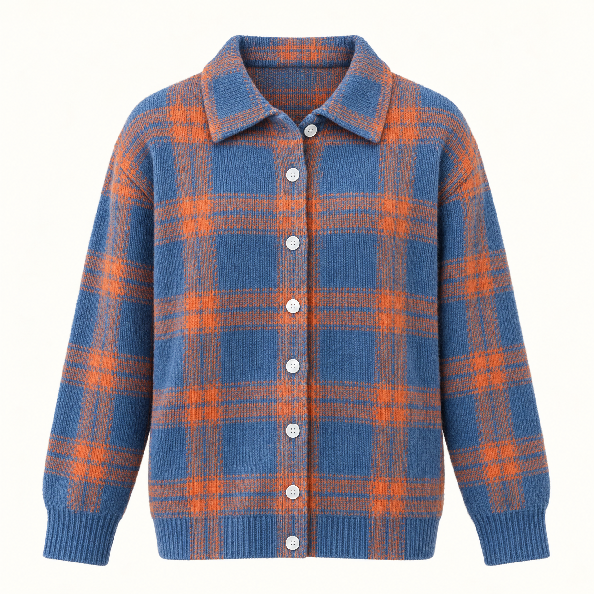 Plaid Polyester Knit Shirt Collar Cardigan
