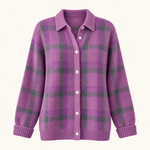 Plaid Polyester Knit Shirt Collar Cardigan