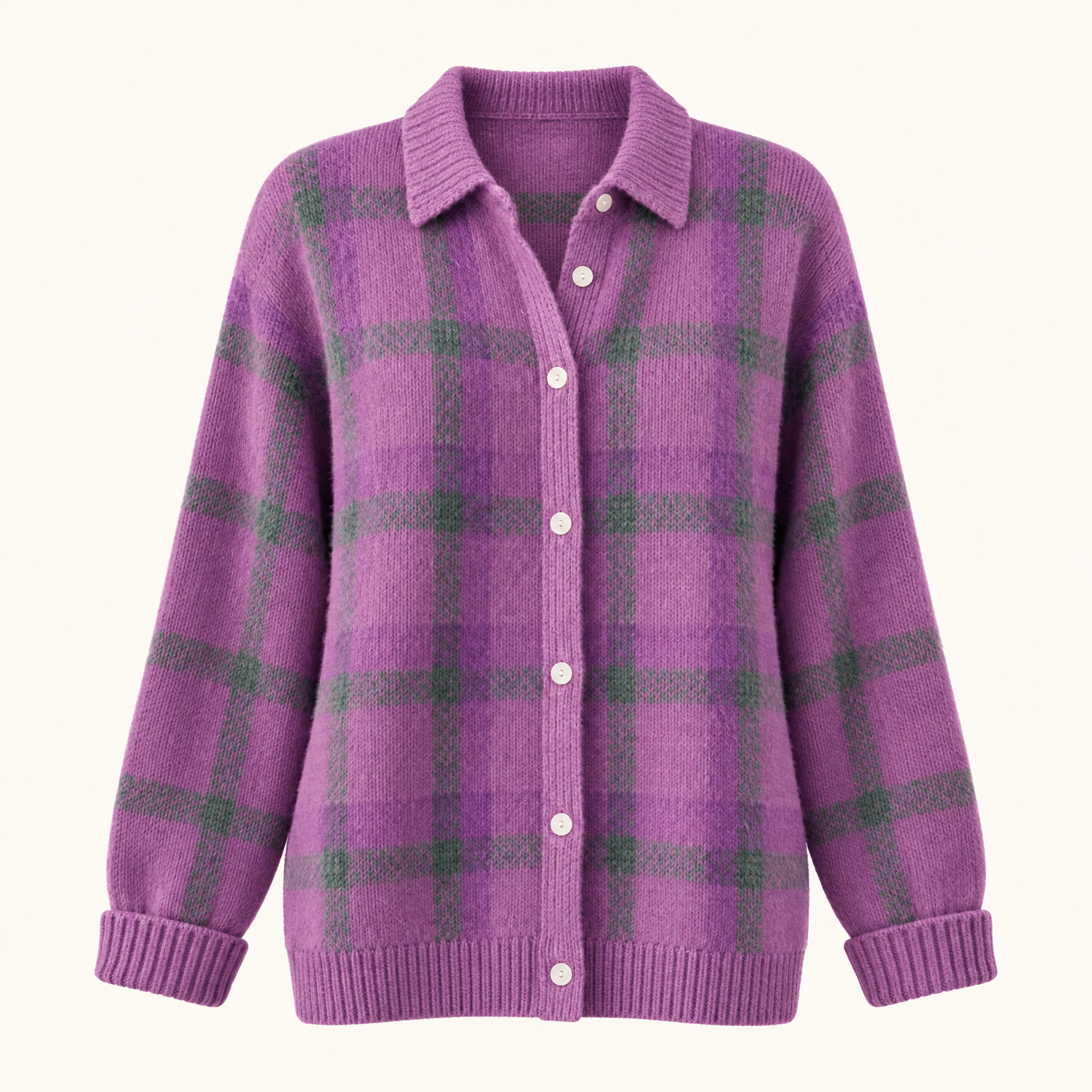 Plaid Polyester Knit Shirt Collar Cardigan