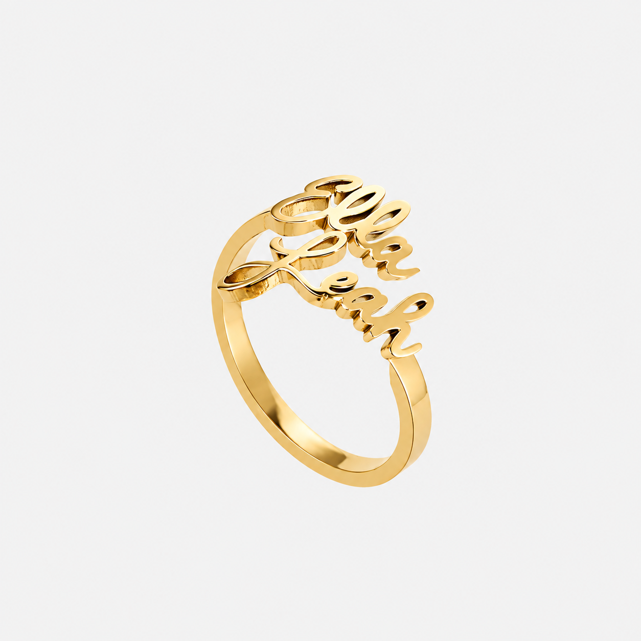 Personalised Name Ring in Gold stainless steel with custom script nameplate