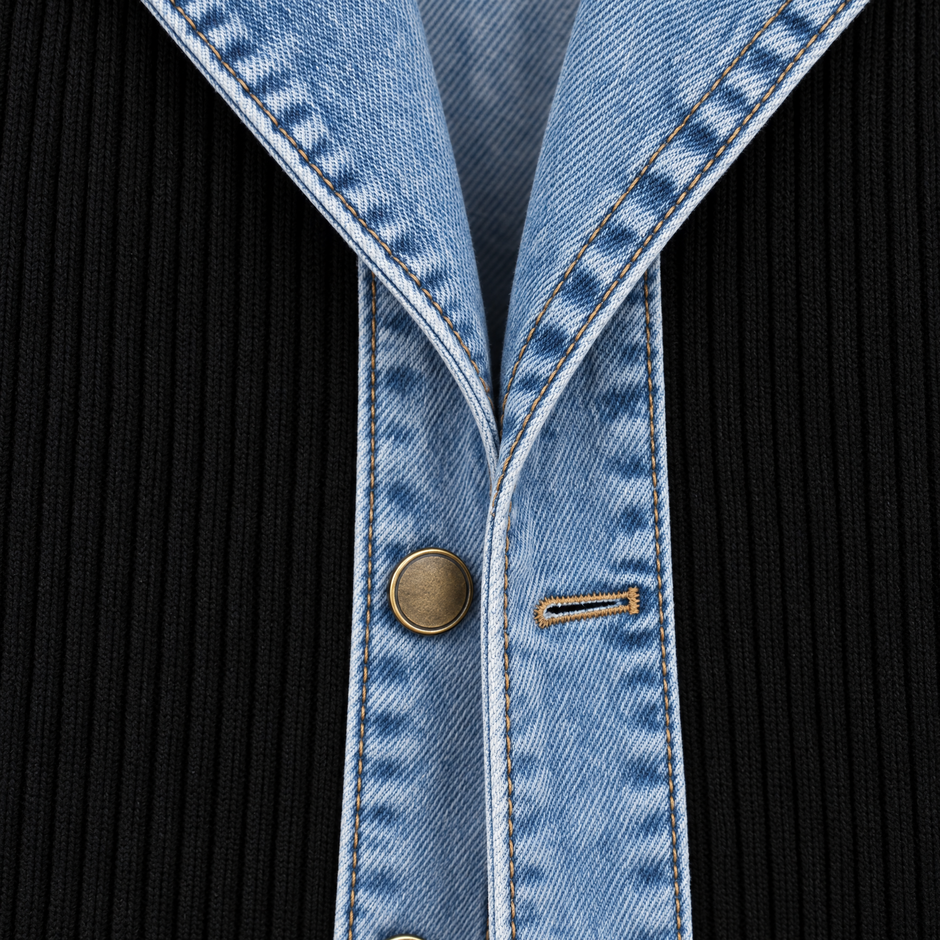 Ribbed Knit Longline Coat with Denim Panels
