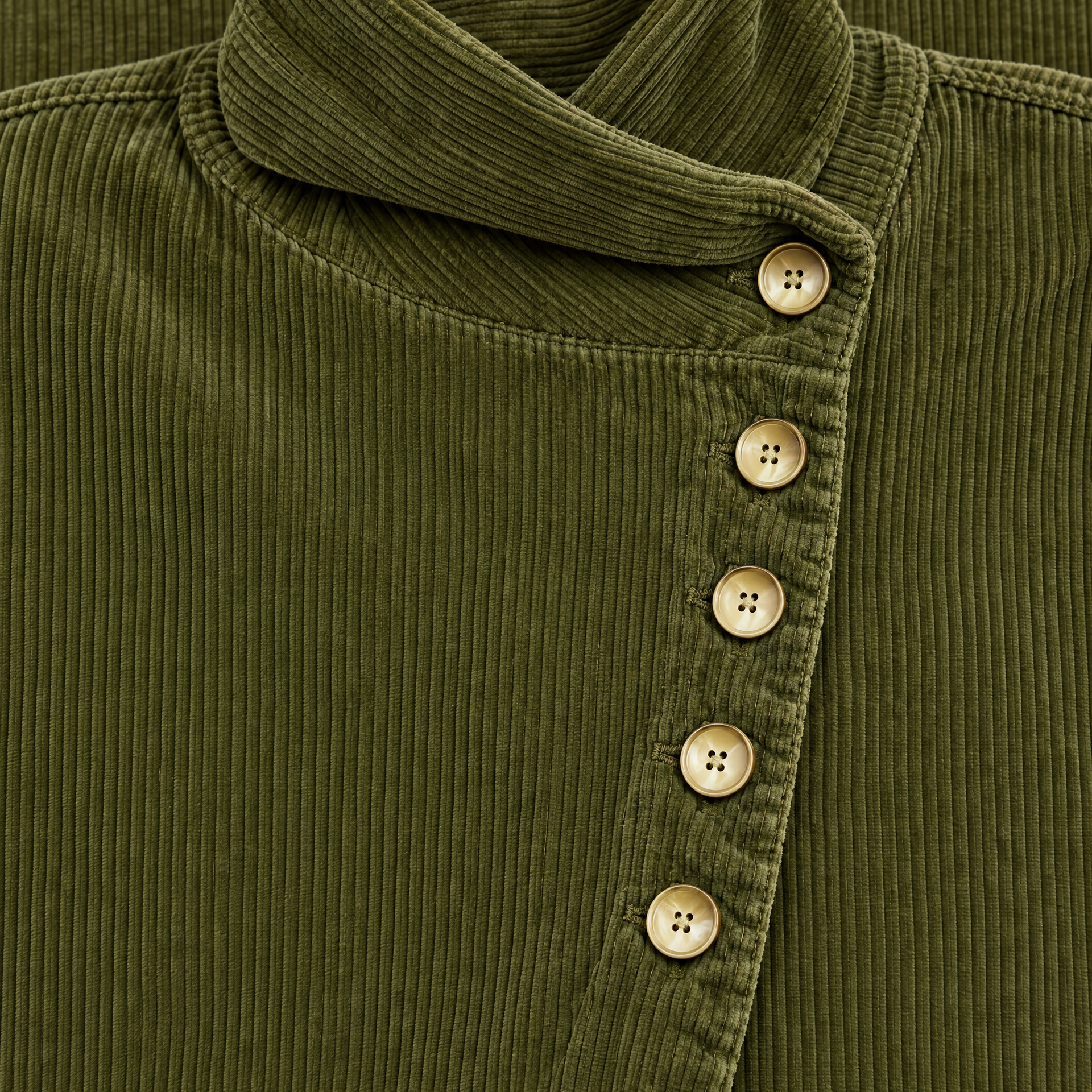 Corduroy Funnel Collar Top with Asymmetric Button Fastening