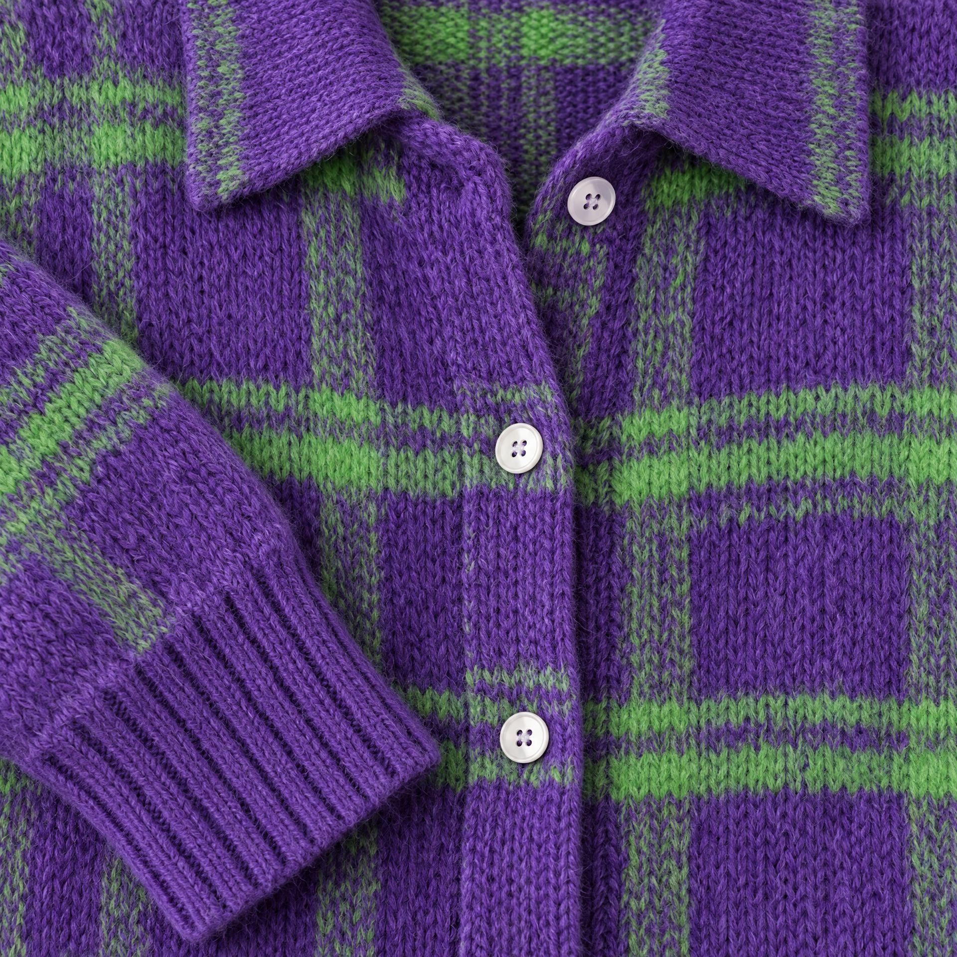 Plaid Polyester Knit Shirt Collar Cardigan