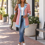Ribbed Knit Longline Coat with Denim Panels