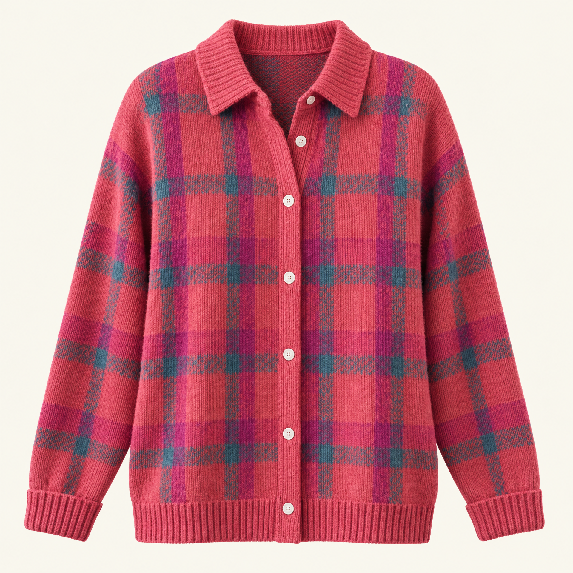 Plaid Polyester Knit Shirt Collar Cardigan