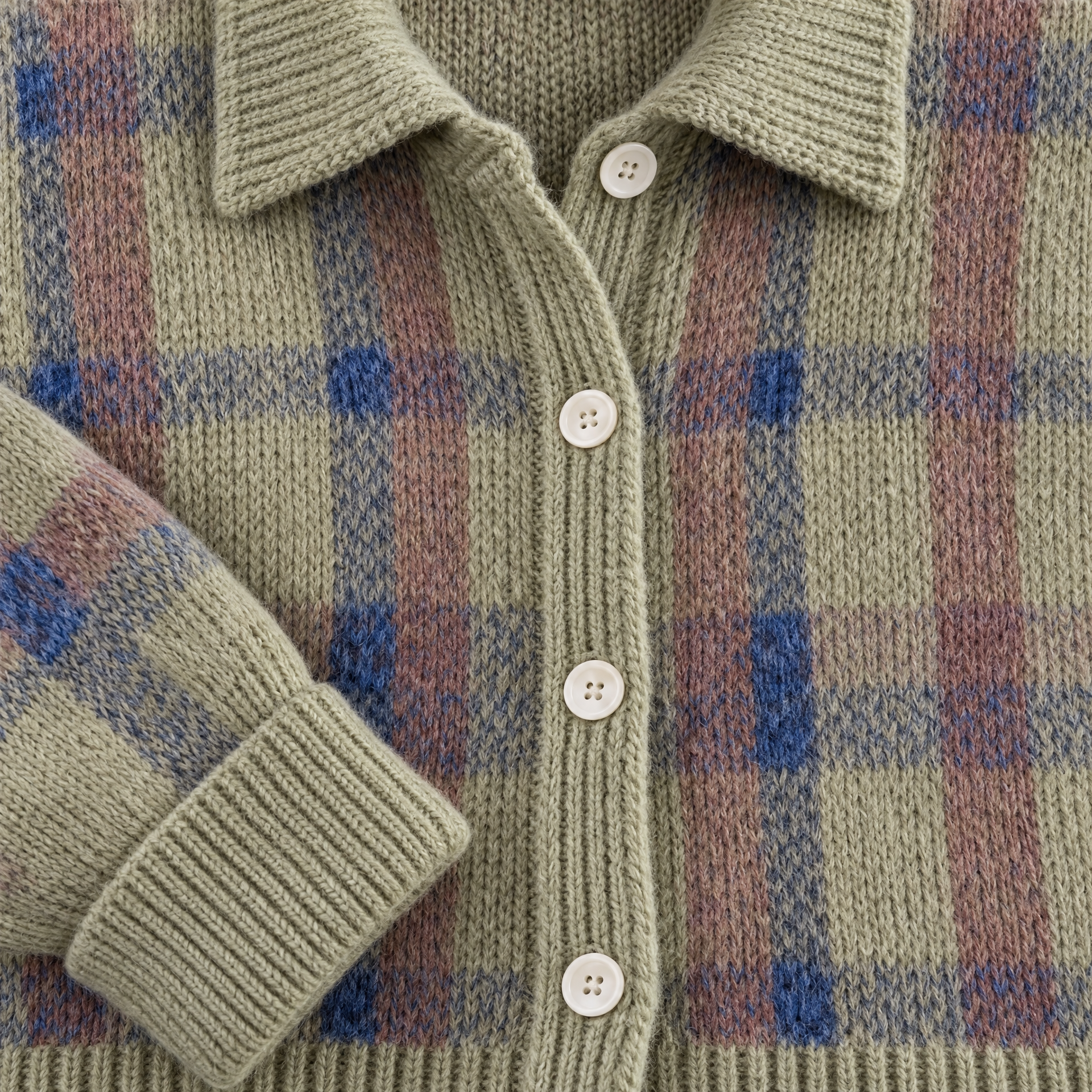 Plaid Polyester Knit Shirt Collar Cardigan