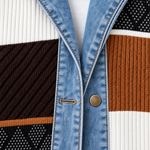 Ribbed Knit Longline Coat with Denim Panels