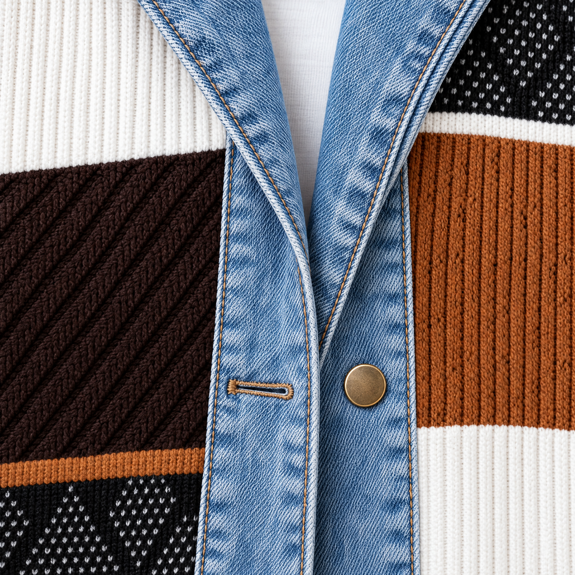 Ribbed Knit Longline Coat with Denim Panels