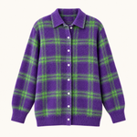 Plaid Polyester Knit Shirt Collar Cardigan
