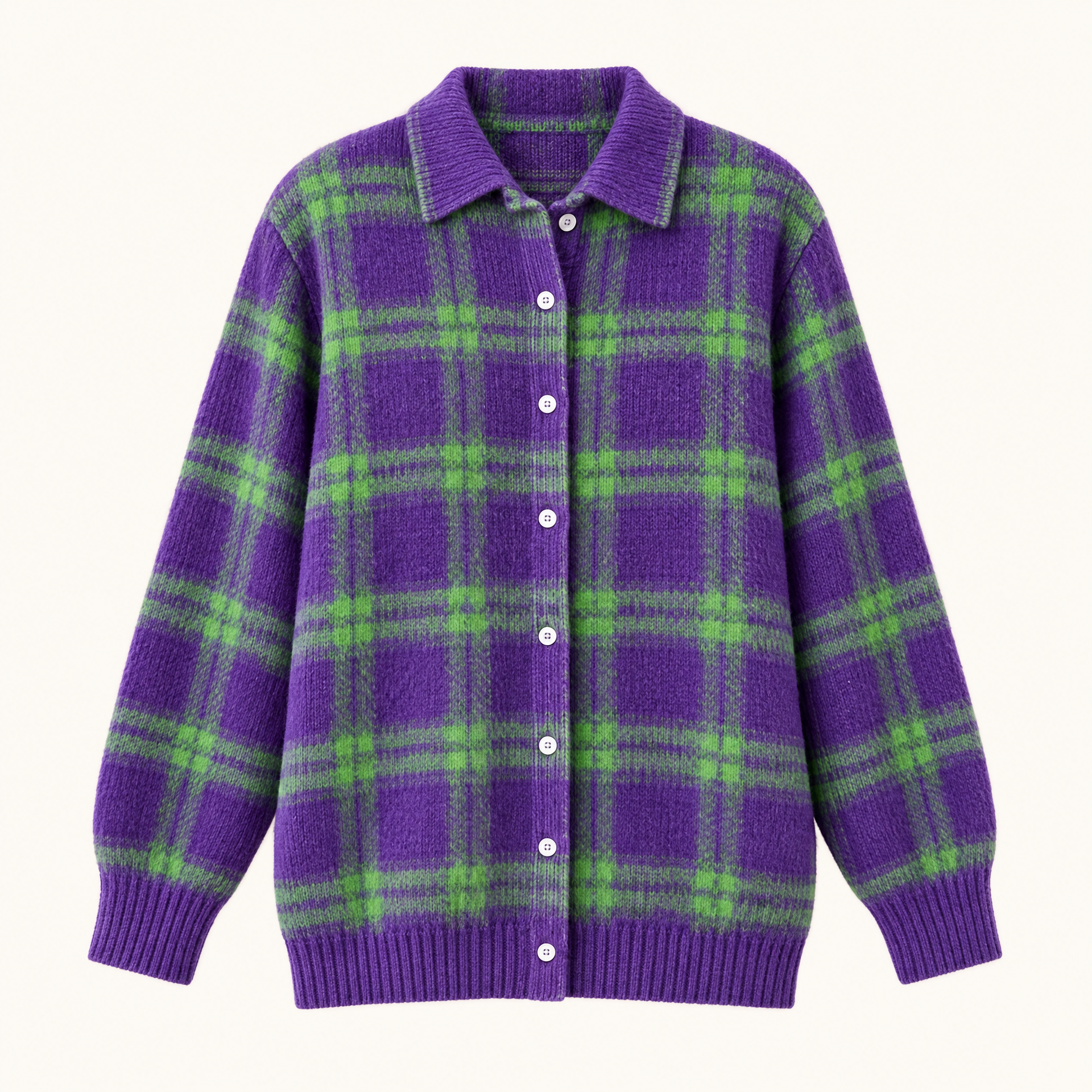 Plaid Polyester Knit Shirt Collar Cardigan