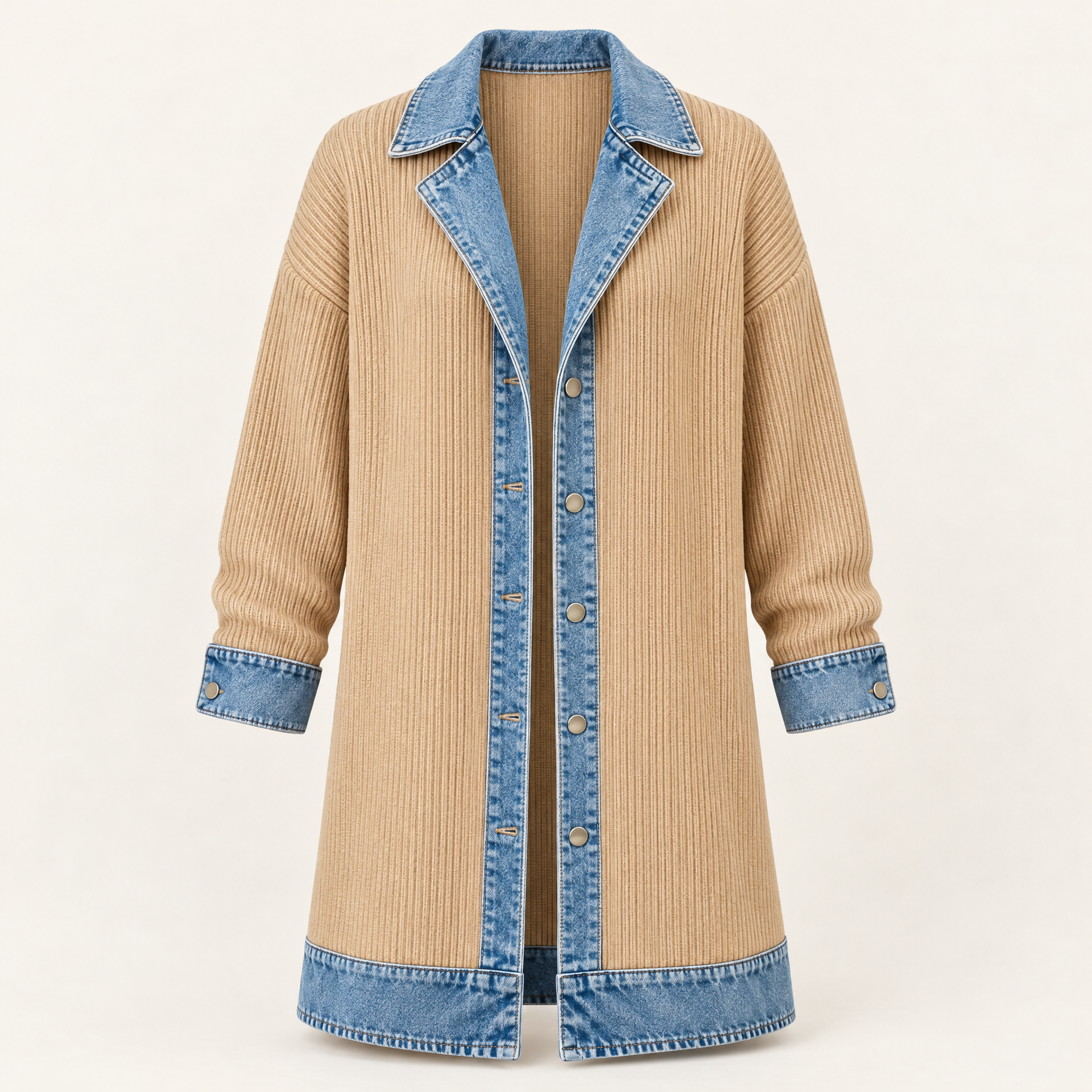 Ribbed Knit Longline Coat with Denim Panels