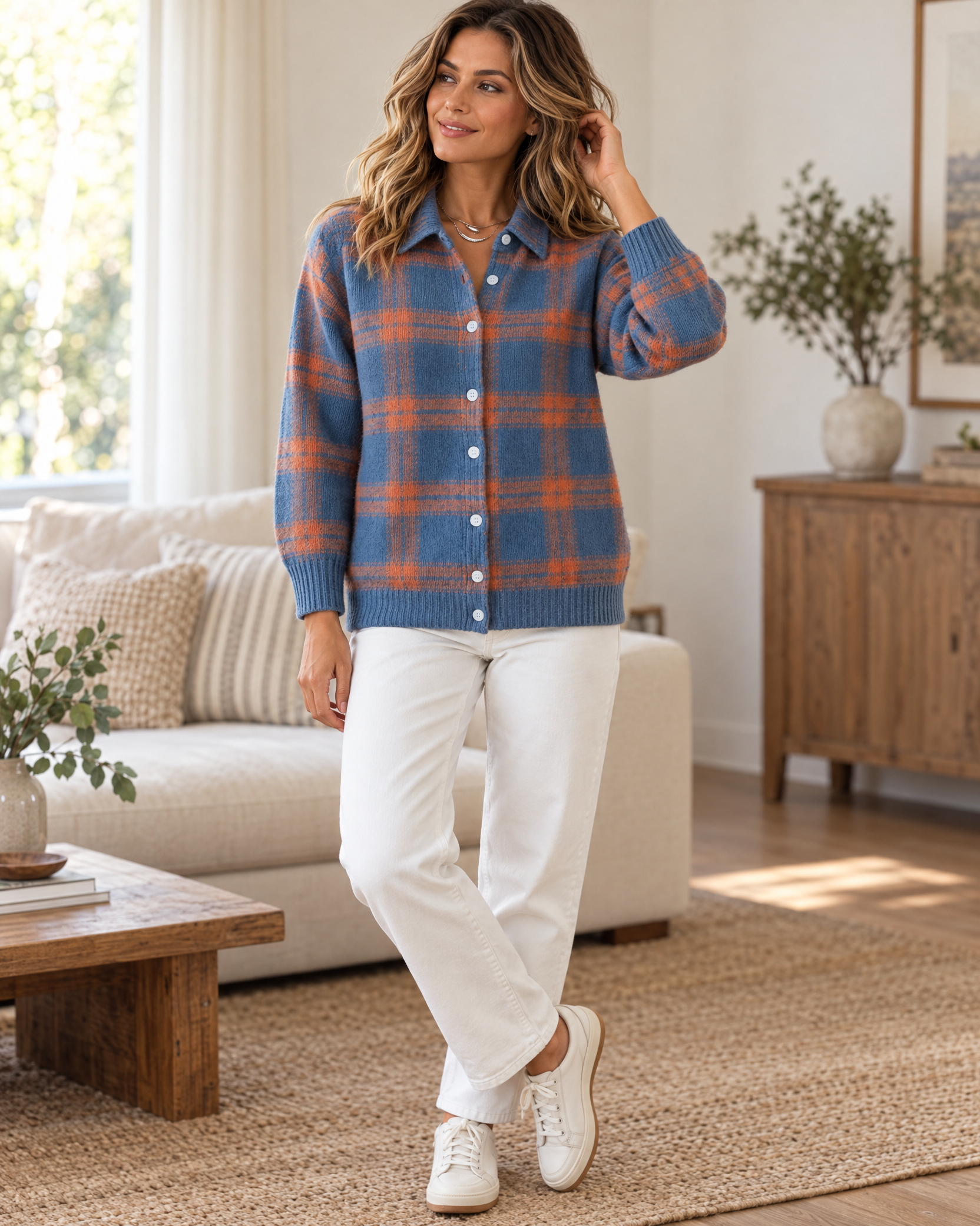 Plaid Polyester Knit Shirt Collar Cardigan