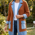 Ribbed Knit Longline Coat with Denim Panels