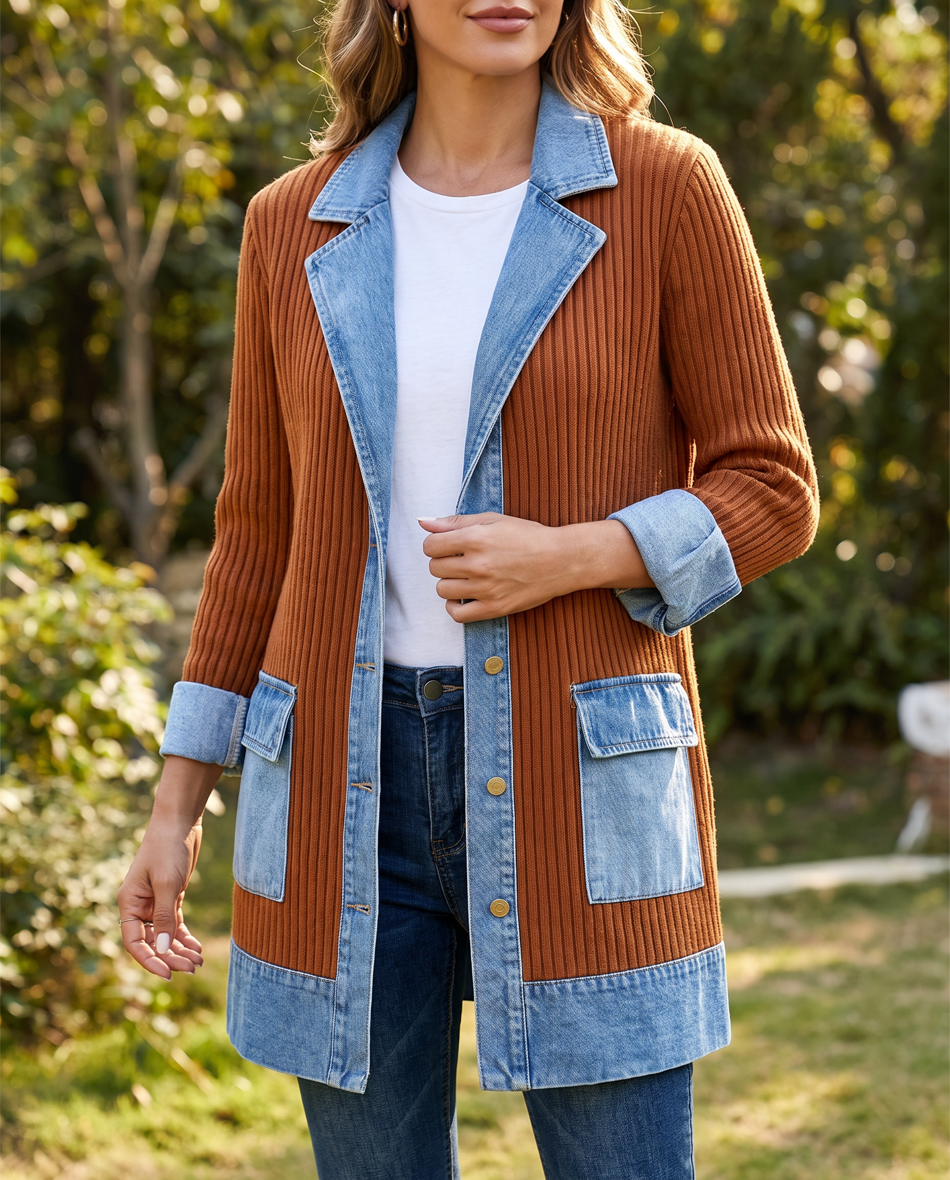 Ribbed Knit Longline Coat with Denim Panels
