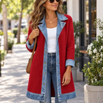 Ribbed Knit Longline Coat with Denim Panels
