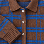 Plaid Polyester Knit Shirt Collar Cardigan