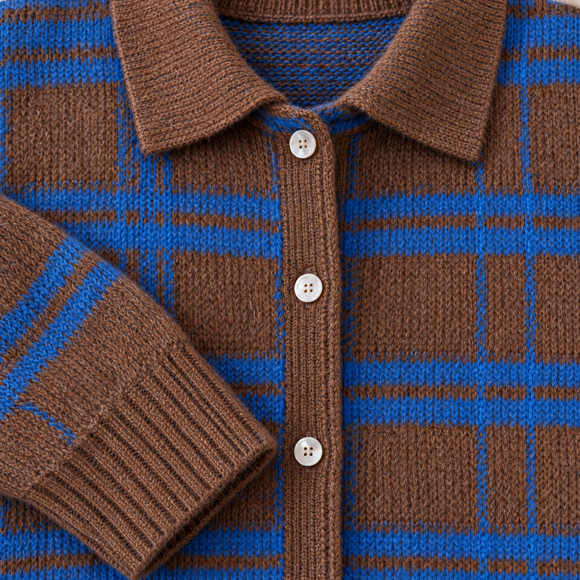 Plaid Polyester Knit Shirt Collar Cardigan