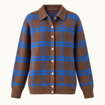 Plaid Polyester Knit Shirt Collar Cardigan