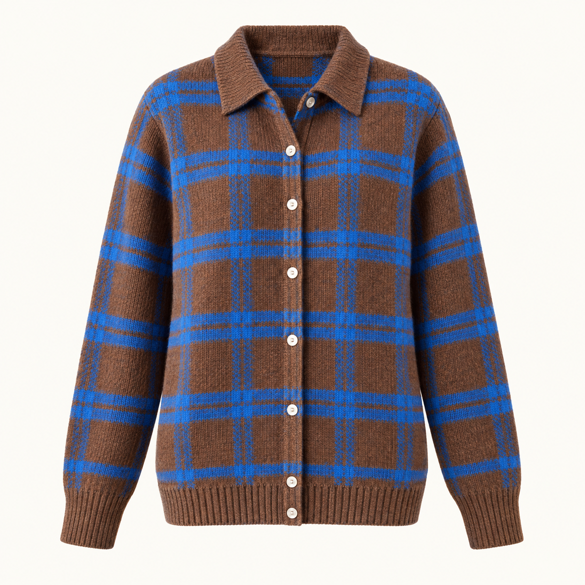 Plaid Polyester Knit Shirt Collar Cardigan